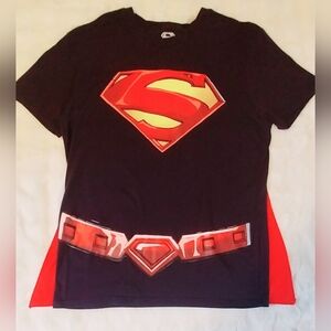 Superman Tshirt With Velcro Cape. DC Comics Black and Red Superhero Costume